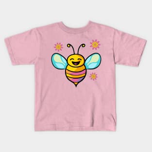 Happy smiling baby bee with flowers. Kawaii cartoon Kids T-Shirt